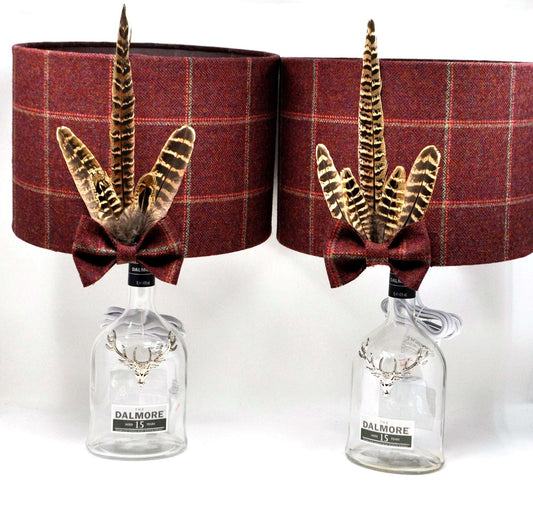 Stylish Yorkshire Tweed Lampshades adorned with Pheasant Feathers, handcrafted by Created By The Ridleys. Available in 20cm and 30cm sizes, perfect for enhancing your home decor.