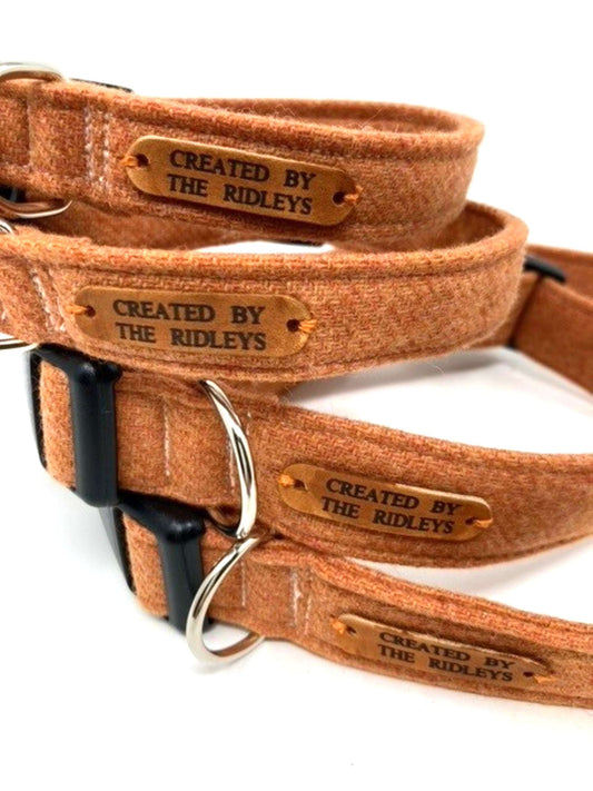 Handmade Orange Tweed Dog Collar with Contoured Buckle by Created By The Ridleys, featuring a rustic design and sturdy construction, showcasing available sizes from XS to XL.
