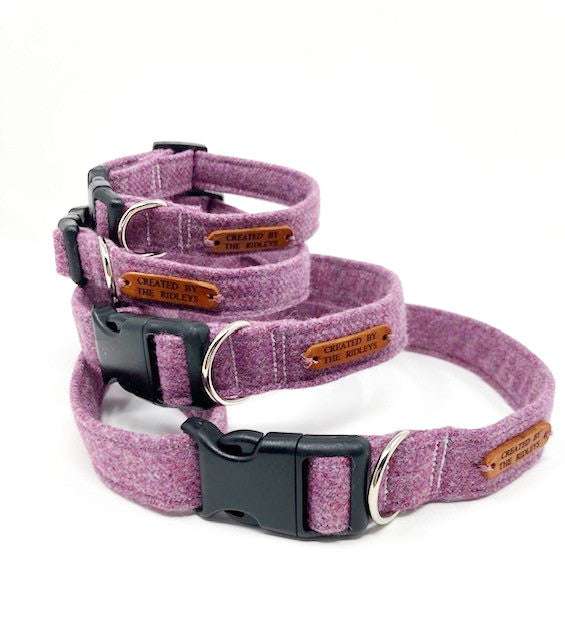 Handmade Lilac Tweed Dog Collar with Contoured Buckle by Created By The Ridleys - Available in multiple sizes for a perfect fit.