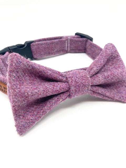 Close-up of the Handmade Lilac Tweed Bow Tie by Created By The Ridleys, showcasing its elegant texture and craftsmanship, ideal for dressing up your dog.